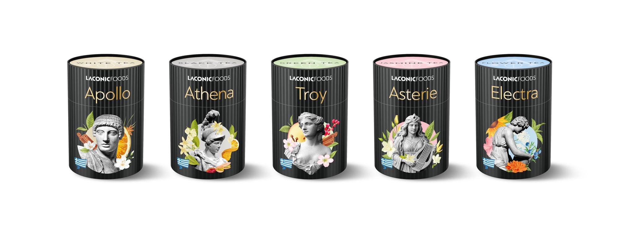 Laconic Foods Premium Greek Tea Collection — Apollo, Athena, Troy, Asterie, and Electra blends lined up in elegant black canisters.