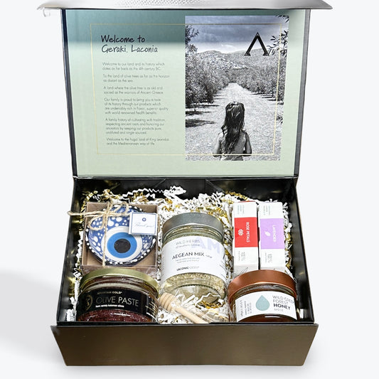 Raw Honey, Aegean Mix, Olive Paste, Olive Soaps and Dish | Premium Gift Set