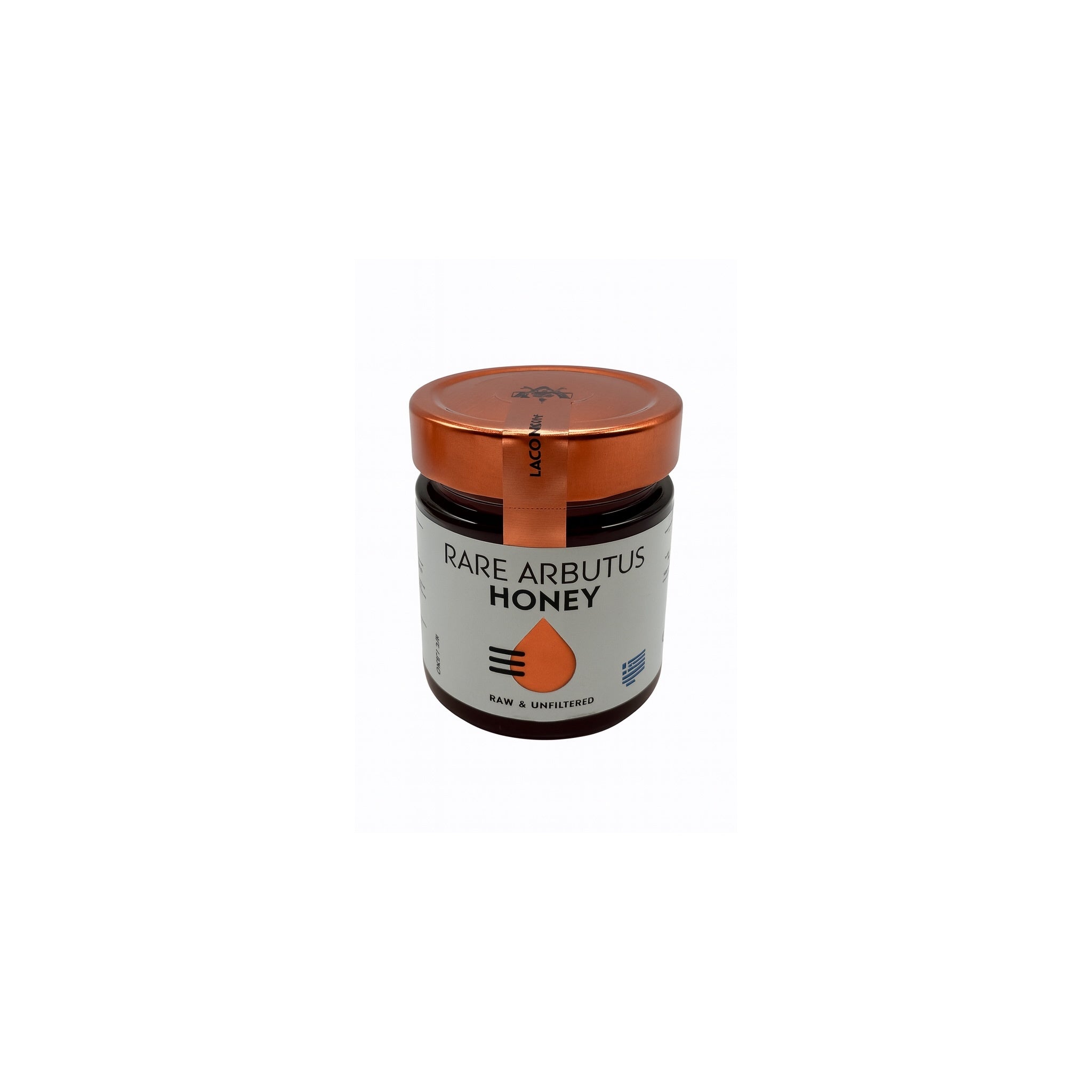Jar of Rare Arbutus Honey by Laconic Foods – 315g raw and unfiltered Greek honey from Taygetos Mountain, Laconia, with copper lid and white label.