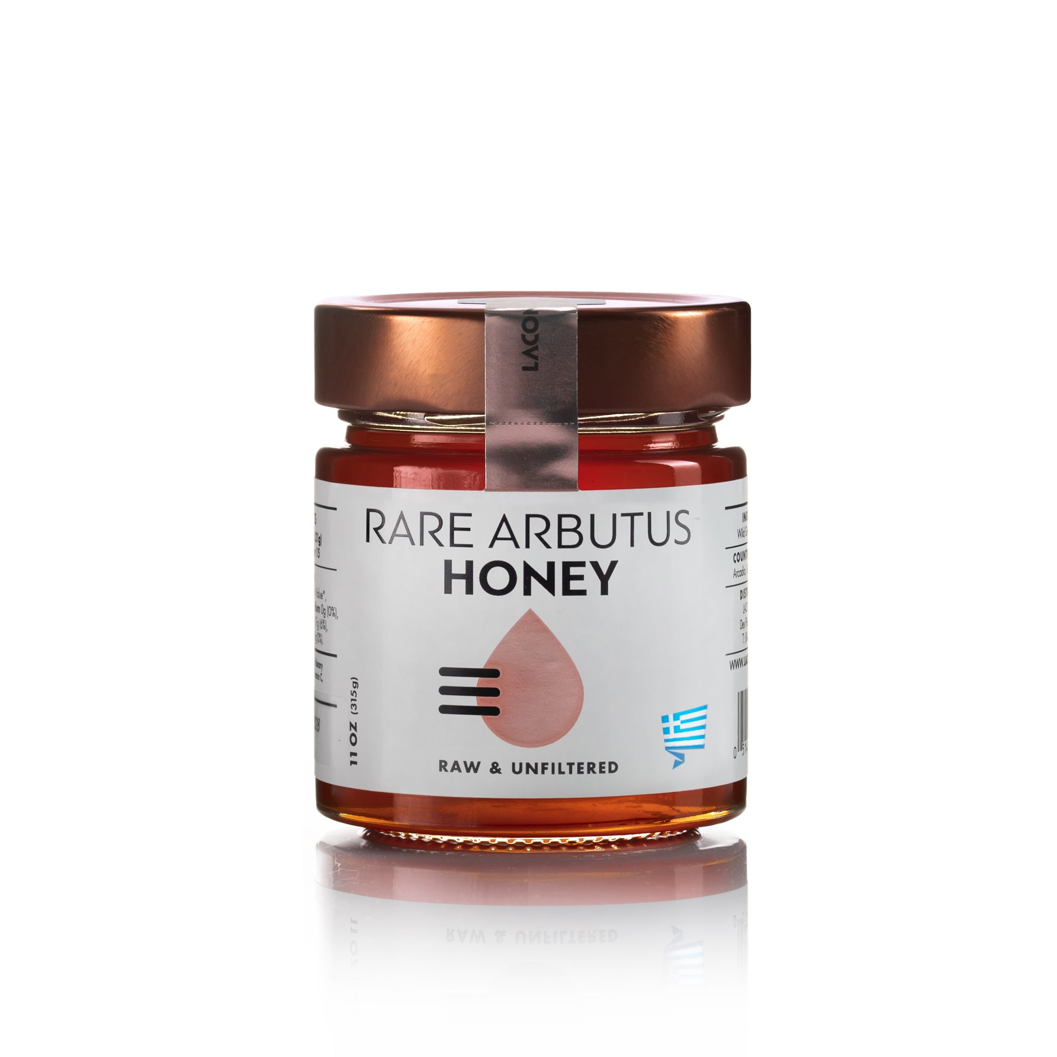 Laconic Foods Rare Arbutus Honey jar – front label view, raw and unfiltered Greek arbutus honey.