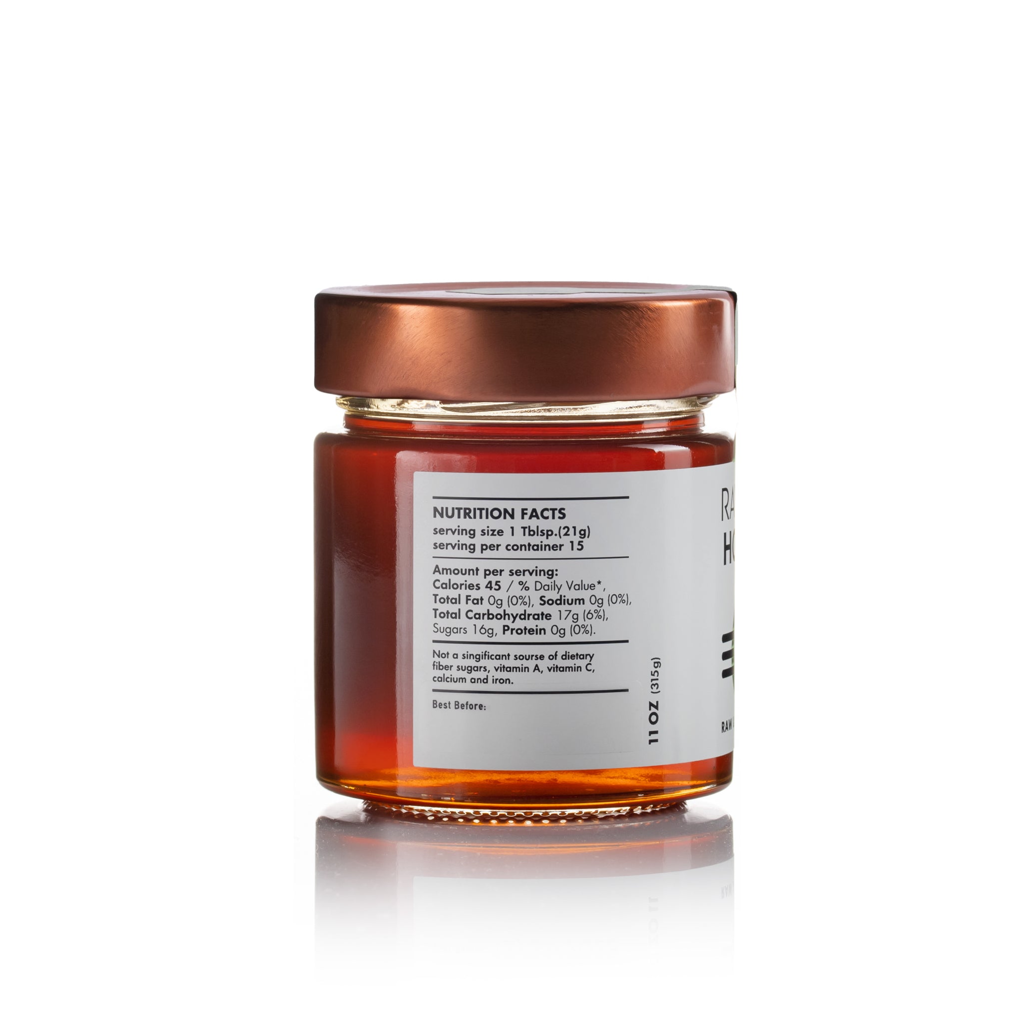 Side view of Laconic Foods Raw Fir Honey jar showing nutrition facts panel.