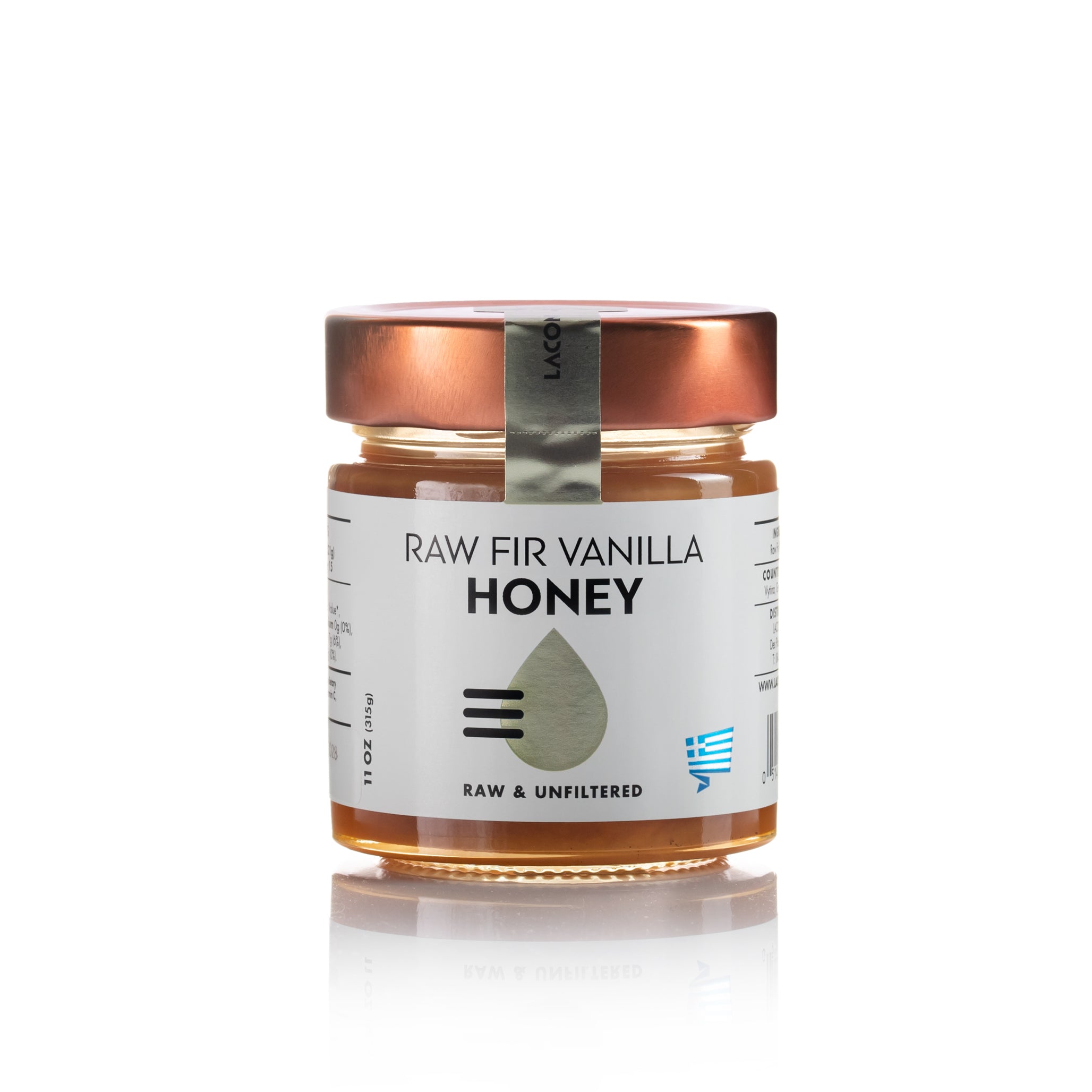 Laconic Foods Raw Fir Vanilla Honey jar – front label view, raw and unfiltered Greek honey.