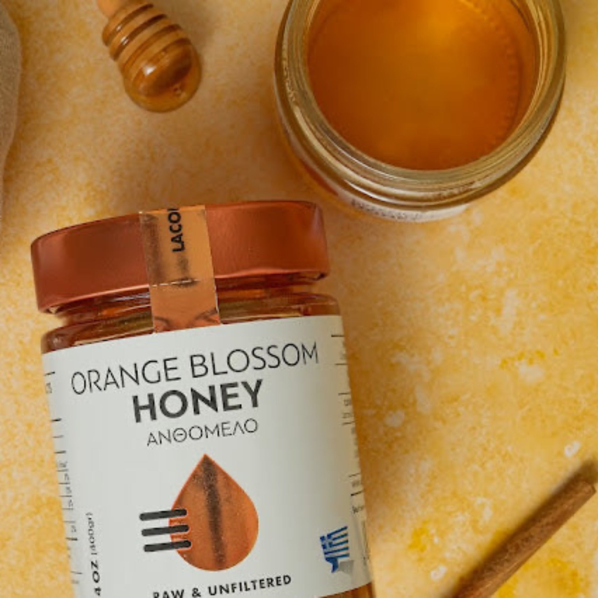 Unfiltered Greek Orange Blossom Honey – Overhead Jar with Warm Tones