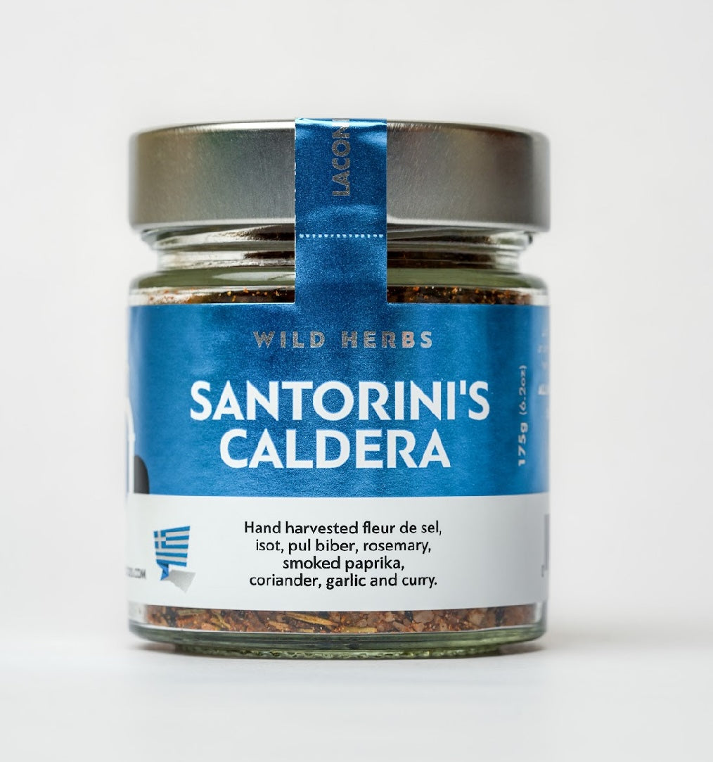 Front-facing jar of Santorini’s Caldera Greek spice blend with smoked paprika, fleur de sel, and herbs – 175g