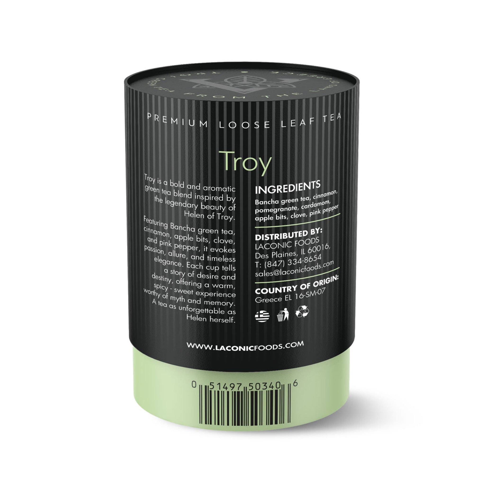 Troy Green Tea ingredients and label – Bancha green tea, cinnamon, pomegranate, cardamom, apple bits, clove, pink pepper – Laconic Foods 75g