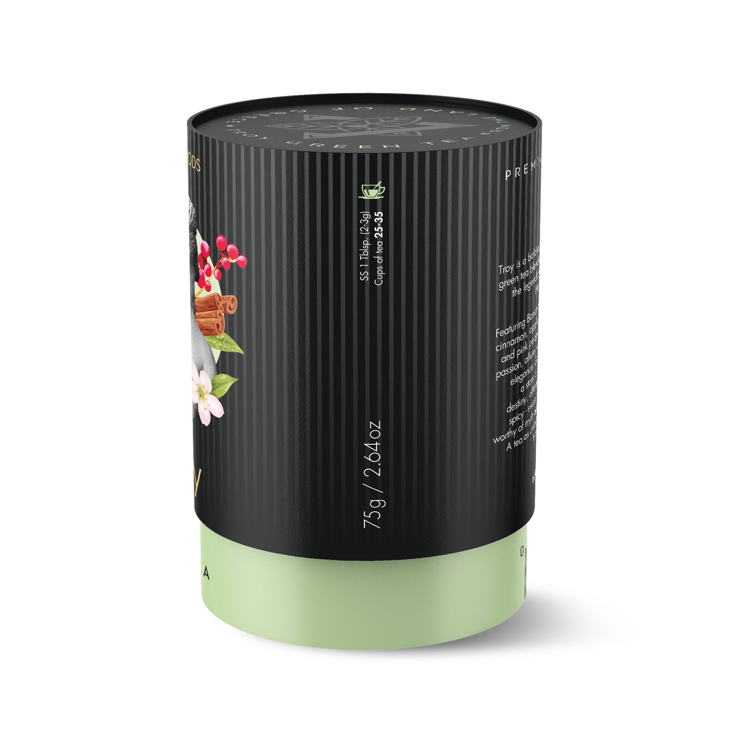 Troy Green Tea canister side view – Laconic Foods Greek loose leaf tea (75g)