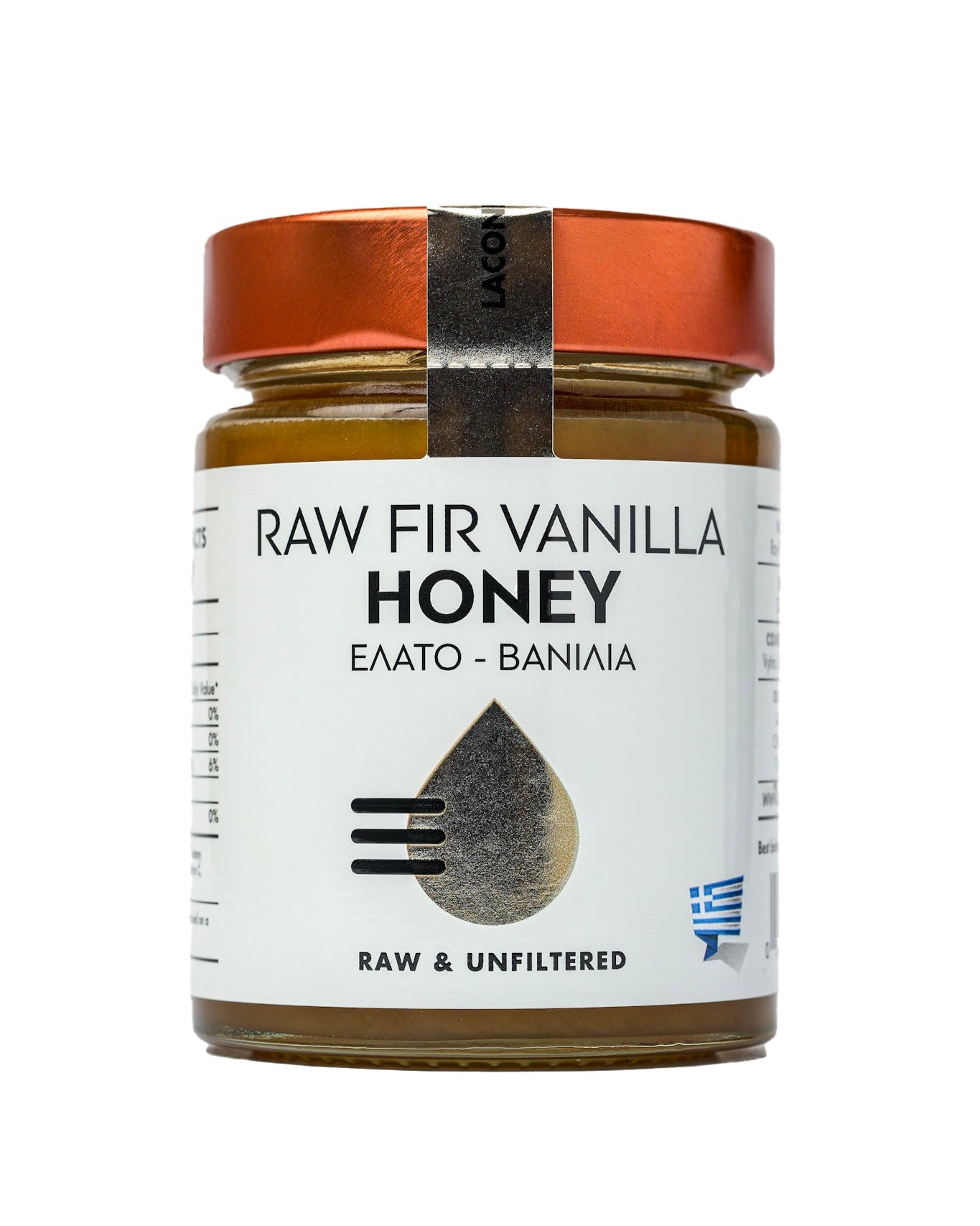 Laconic Foods Raw Vanilla Fir Honey 315g jar – front view