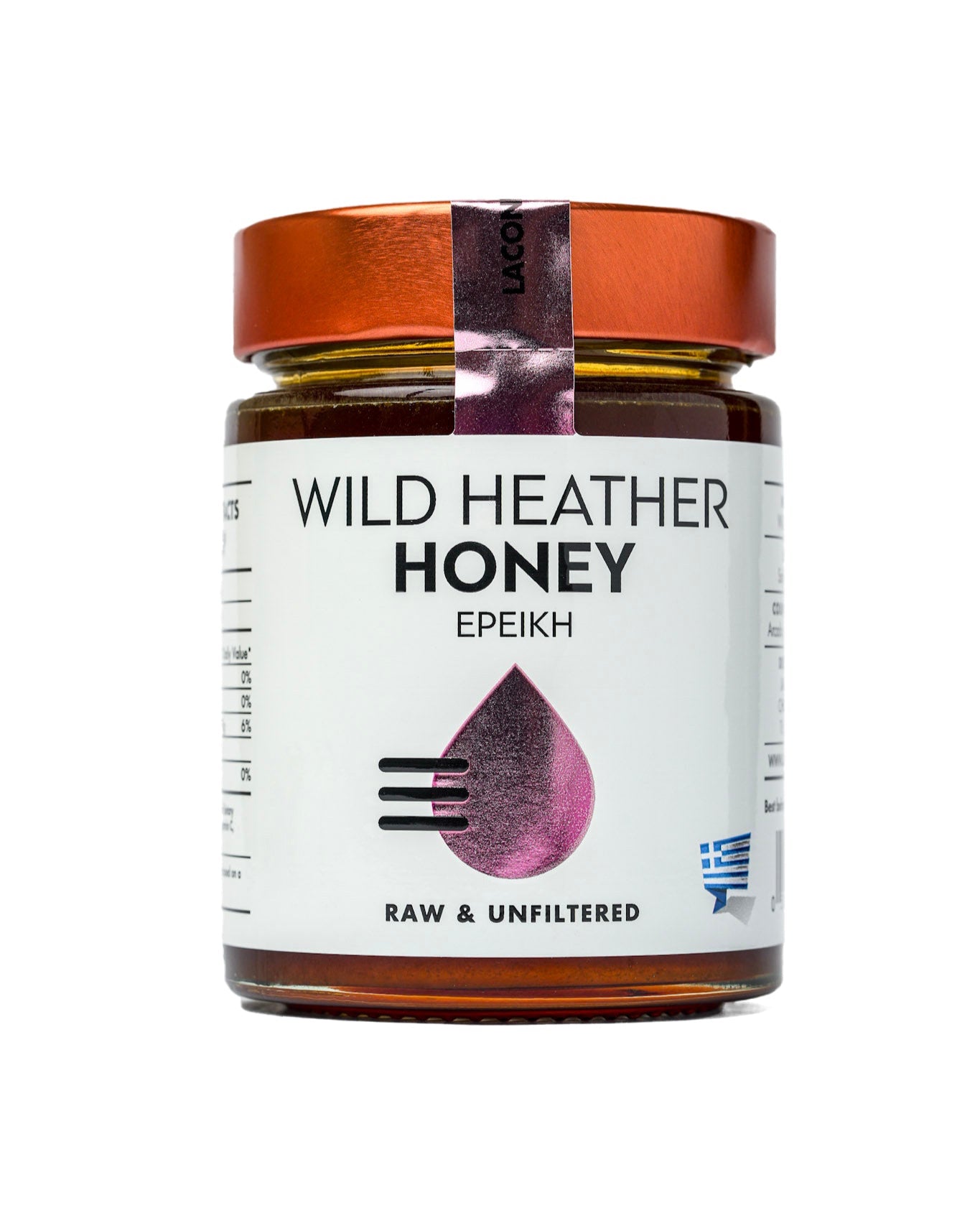 Laconic Foods Raw Wild Heather Honey 315g jar – front view
