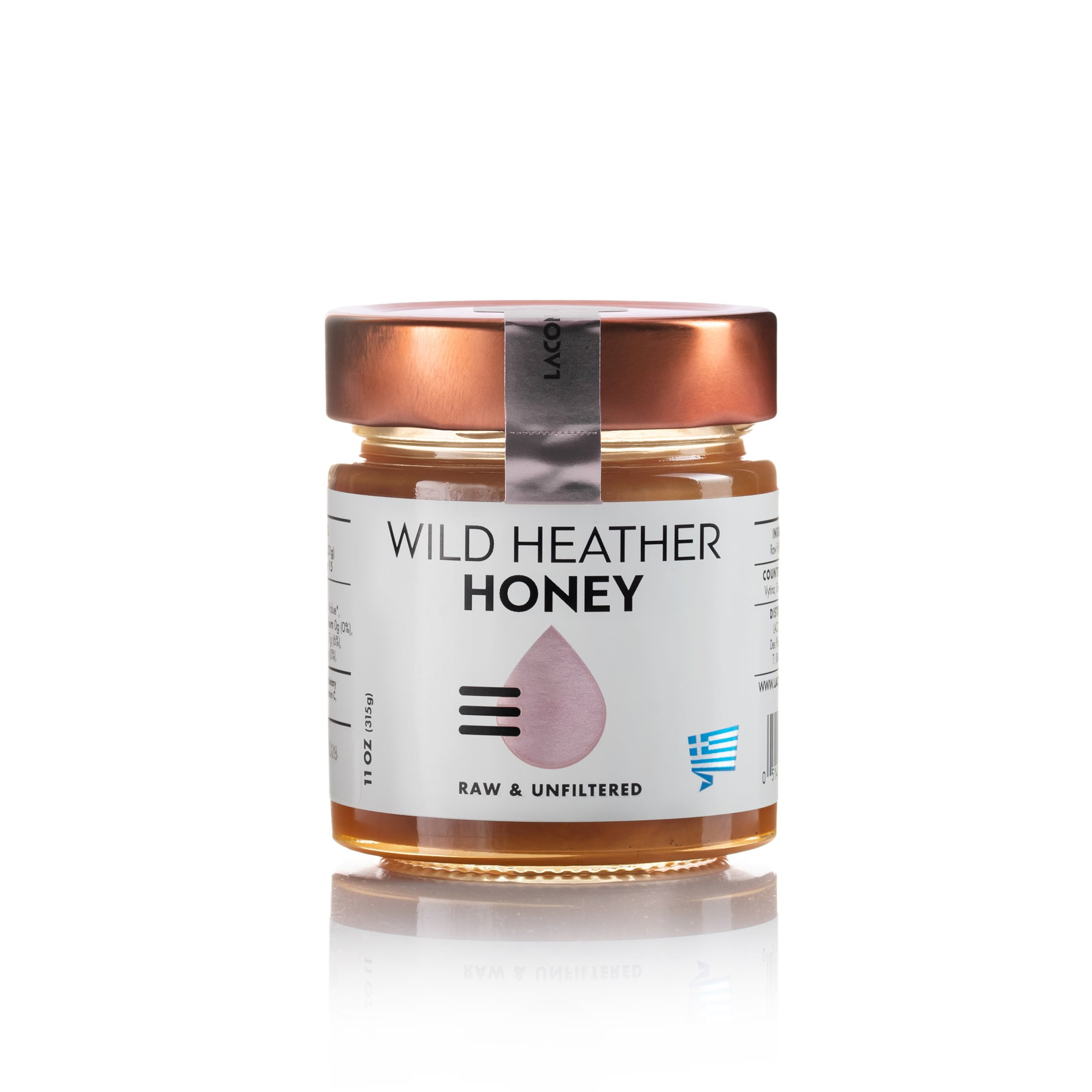 Laconic Foods Wild Heather Honey jar – front label view, raw and unfiltered Greek heather honey.