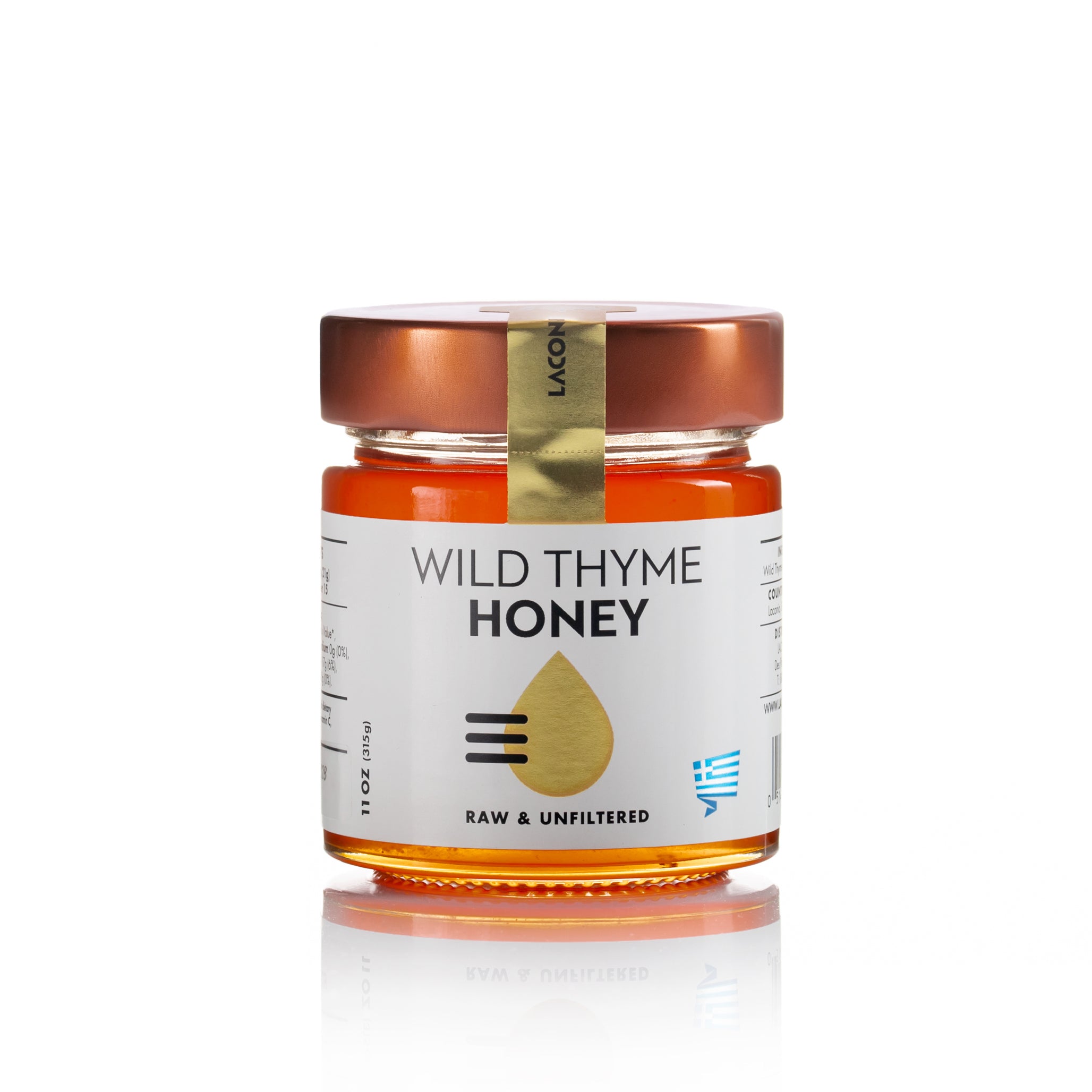 Laconic Foods Wild Thyme Honey jar – front label view, raw and unfiltered Greek thyme honey.