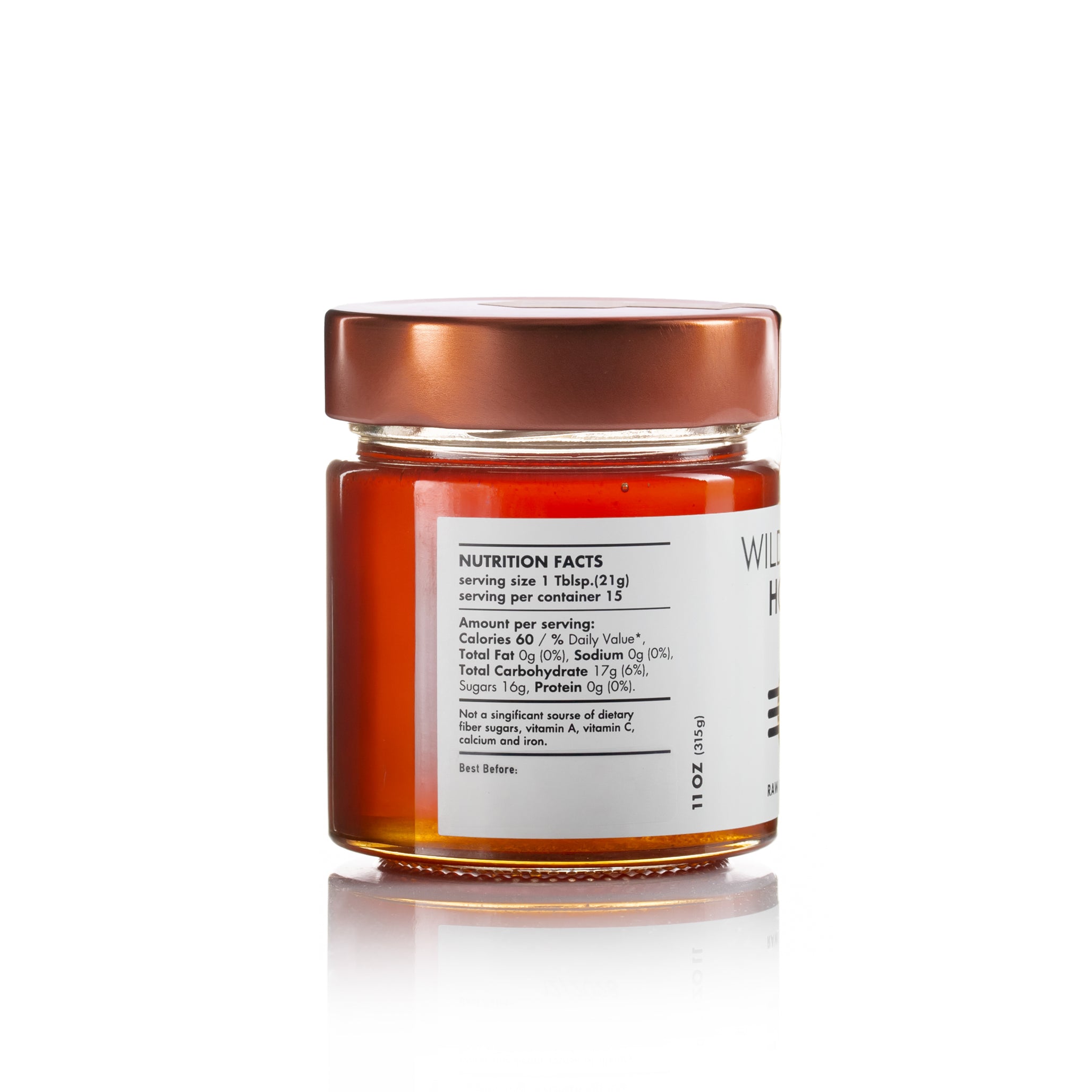 Side view of Laconic Foods Wild Thyme Honey jar showing nutrition facts panel.